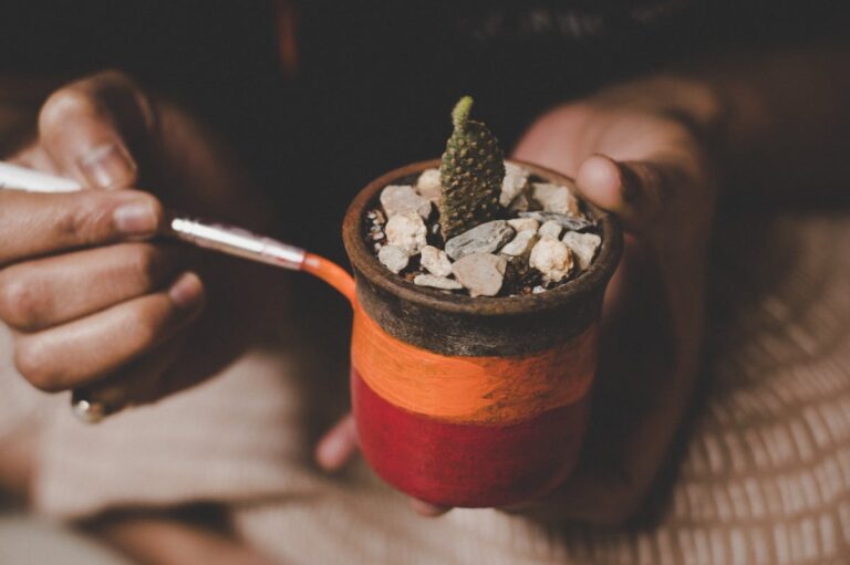 A close-up of hands painting a small colorful pot holding a miniature cactus indoors.